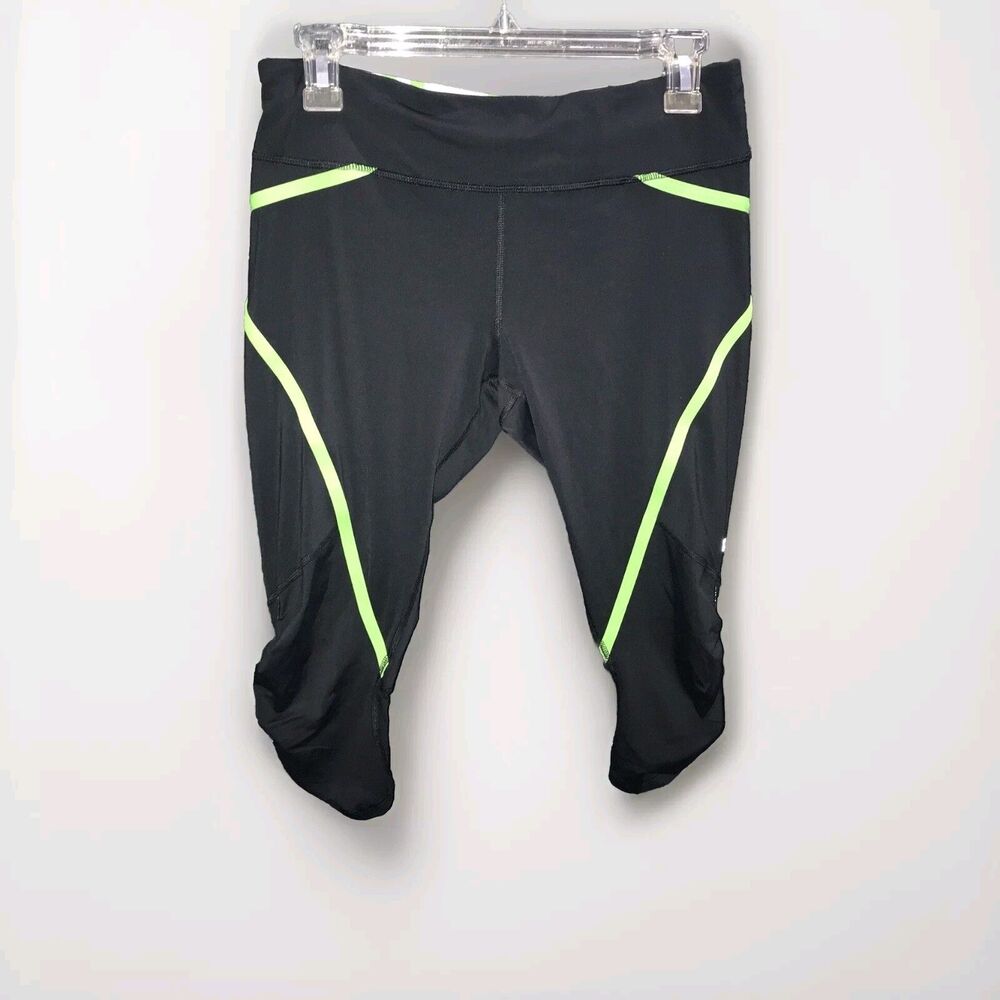 Lululemon Athletica Women's Black Green‎ Capri Leggings Size 8 Ruched Sides